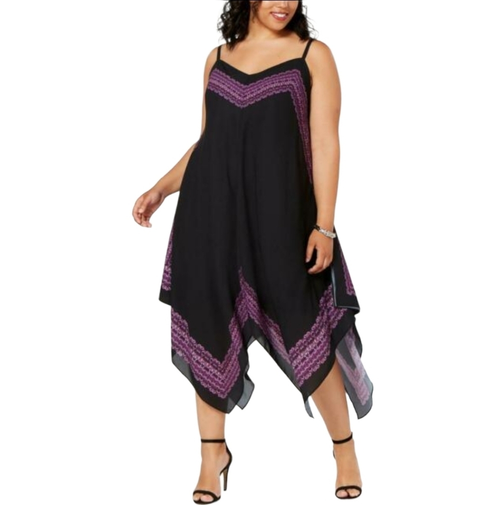 INC 3X Black Paisley Midi Handkerchief Hem Dress NWT